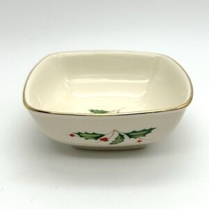 LENOX Holiday Holly Berry Square Dipping Bowl Gold Rim Christmas Porcelain 4"
